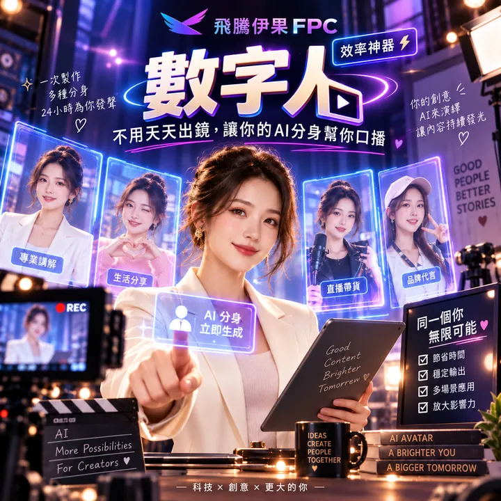 數字人主視覺：同一個人的 AI 分身，用在專業講解、生活分享、直播帶貨、品牌代言