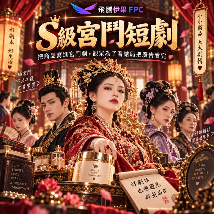 S 級宮鬥短劇主視覺：宮廷皇后與眾嬪妃，桌上擺著保養品