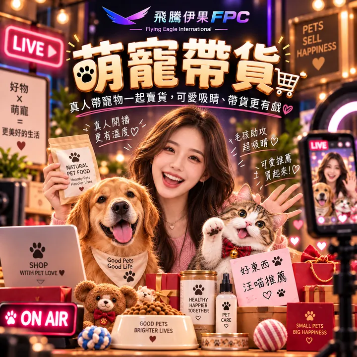 萌寵帶貨主視覺：女主播帶著黃金獵犬和貓咪，在直播間推薦寵物好物
