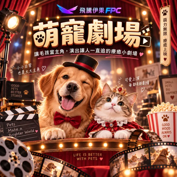 萌寵劇場主視覺：戴禮帽的黃金獵犬和戴皇冠的貓咪在舞台上演出