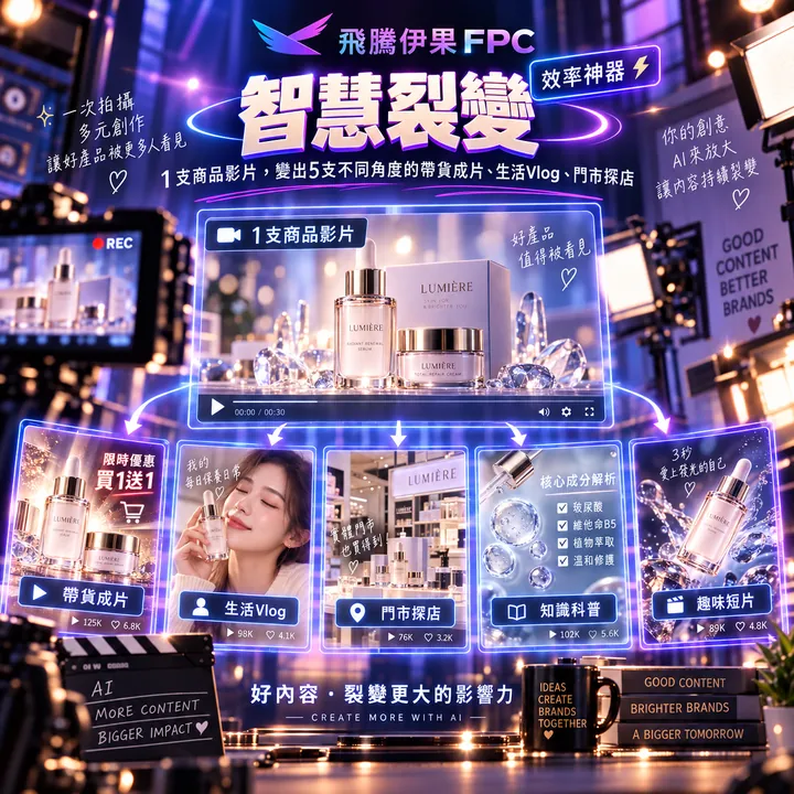 智慧裂變主視覺：1 支商品影片變出帶貨成片、生活 Vlog、門市探店等 5 支影片